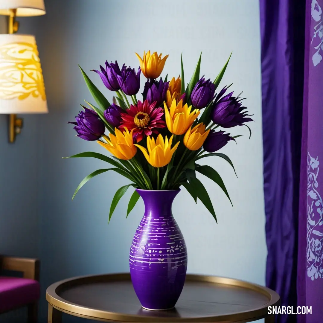 Purple vase with yellow and purple flowers on a table in a room with a purple chair. Color #4B0082.