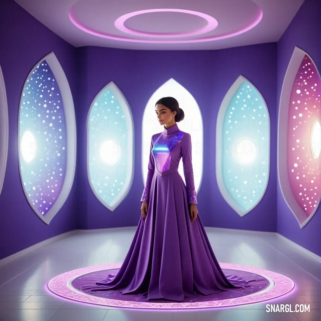 Woman in a purple dress standing in a room with a circular floor and purple walls and windows. Color #4B0082.