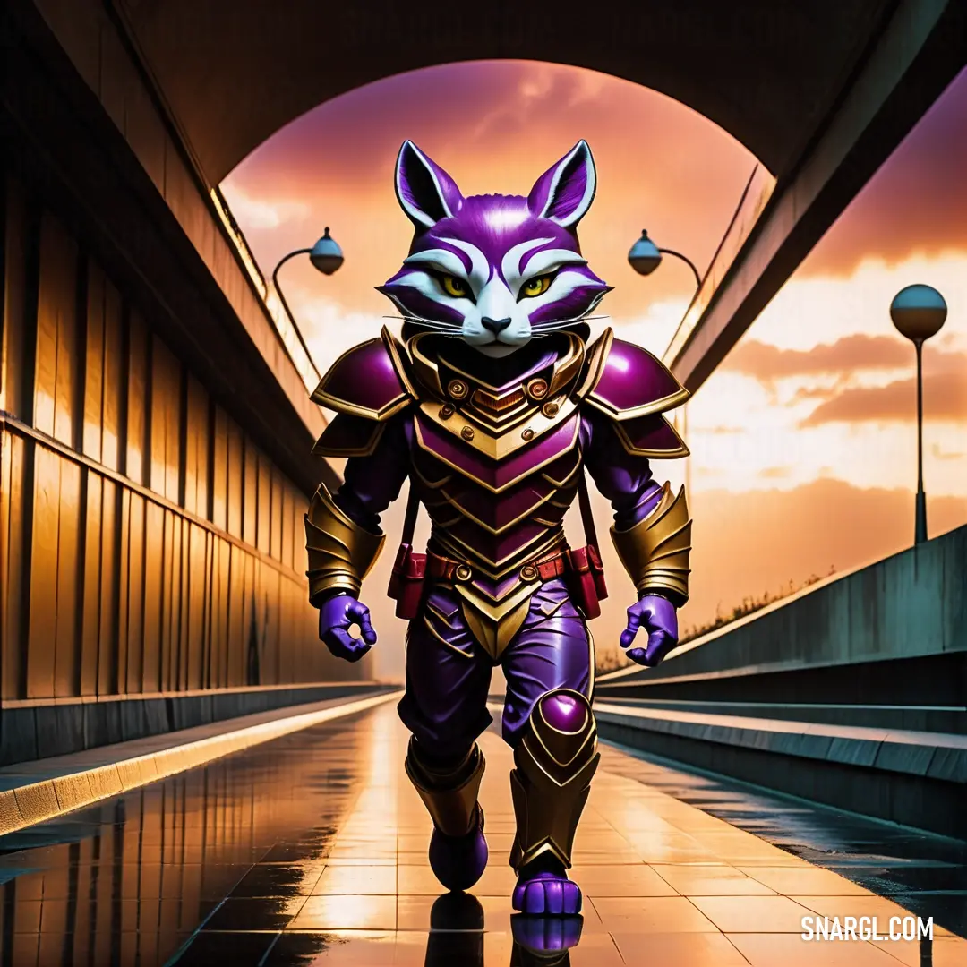 Man in a purple and gold outfit walking down a walkway with a cat mask on his face and a purple. Color CMYK 42,100,0,49.