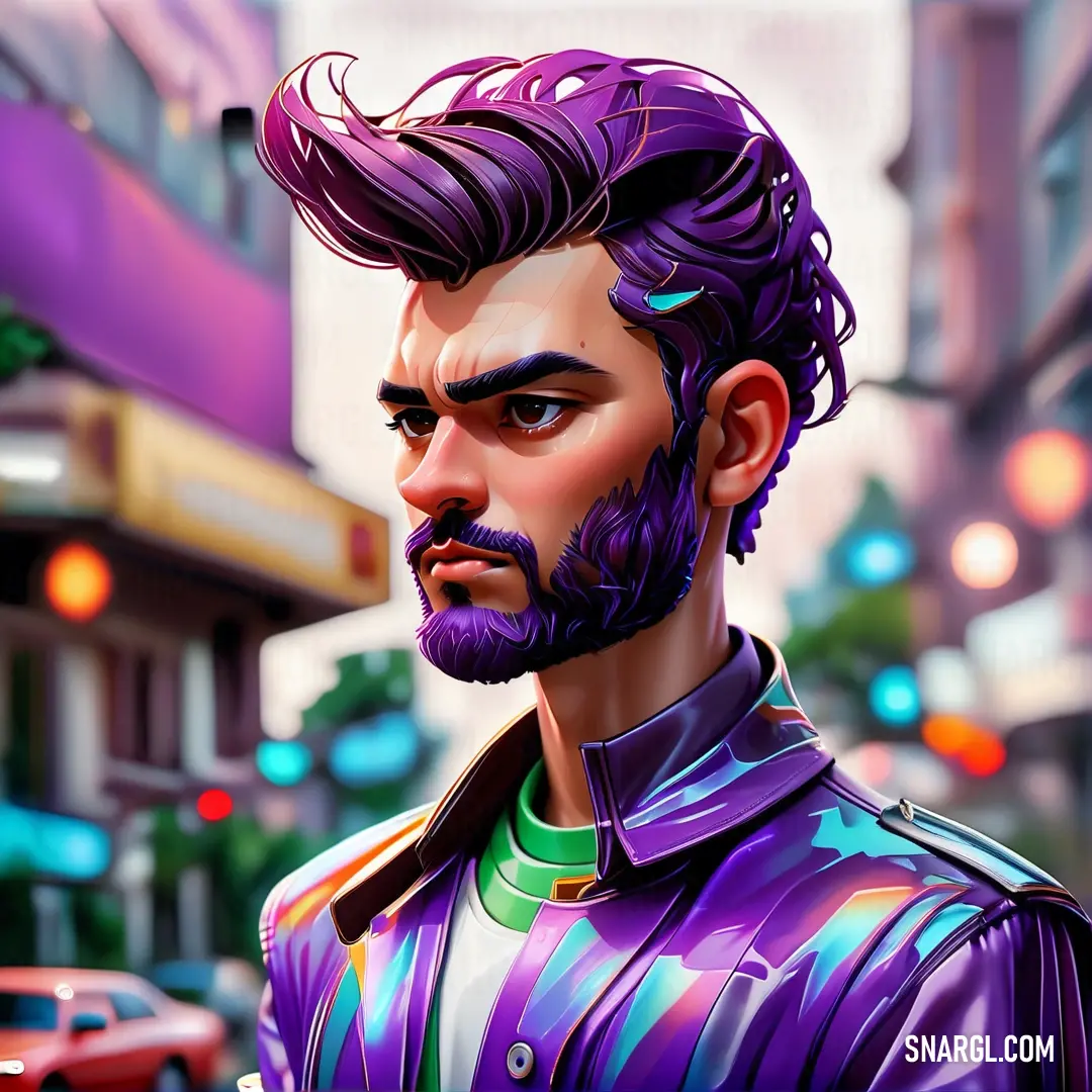 Man with a purple beard and a purple jacket on a city street with cars and buildings in the background