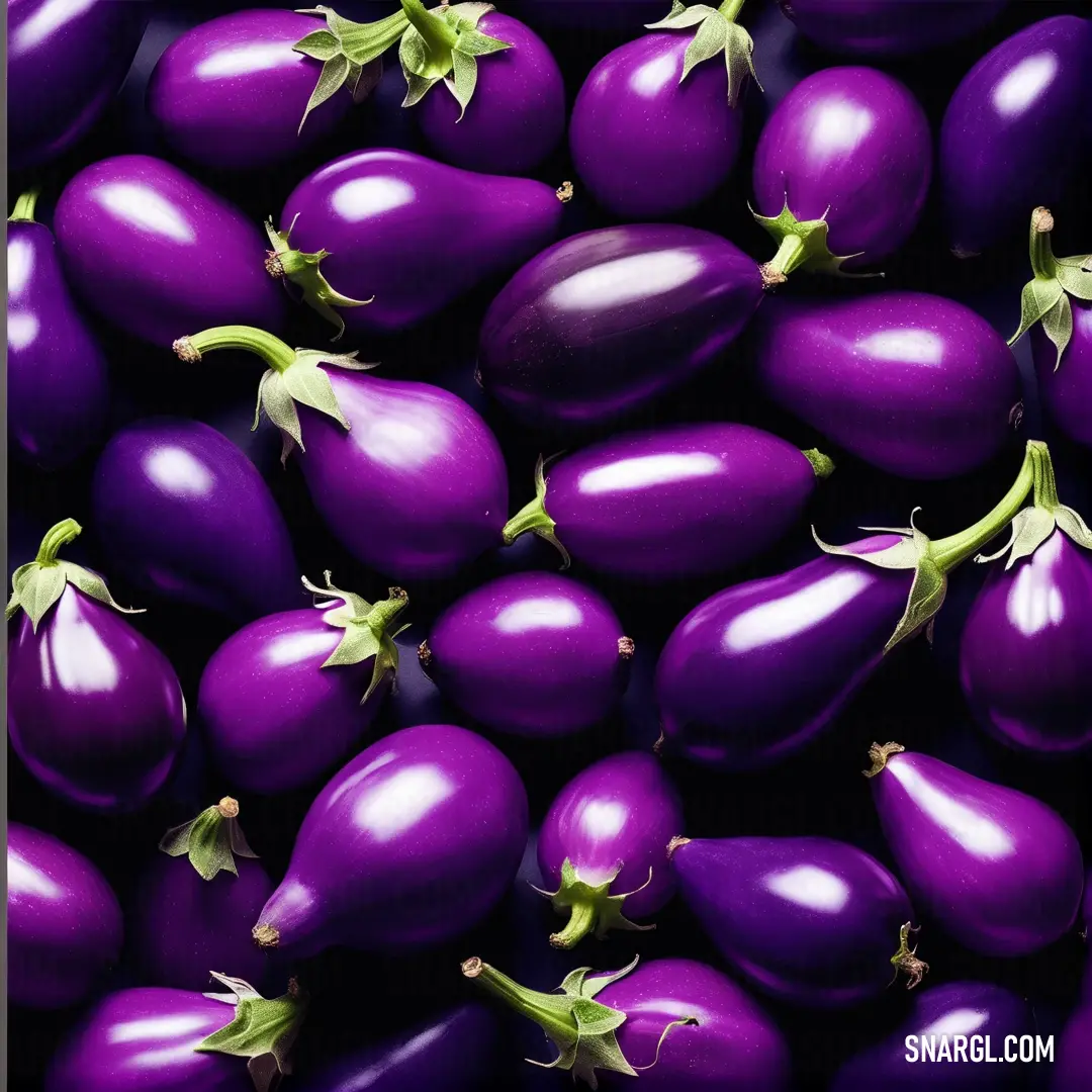 Pile of purple eggplant with green stems on top of them