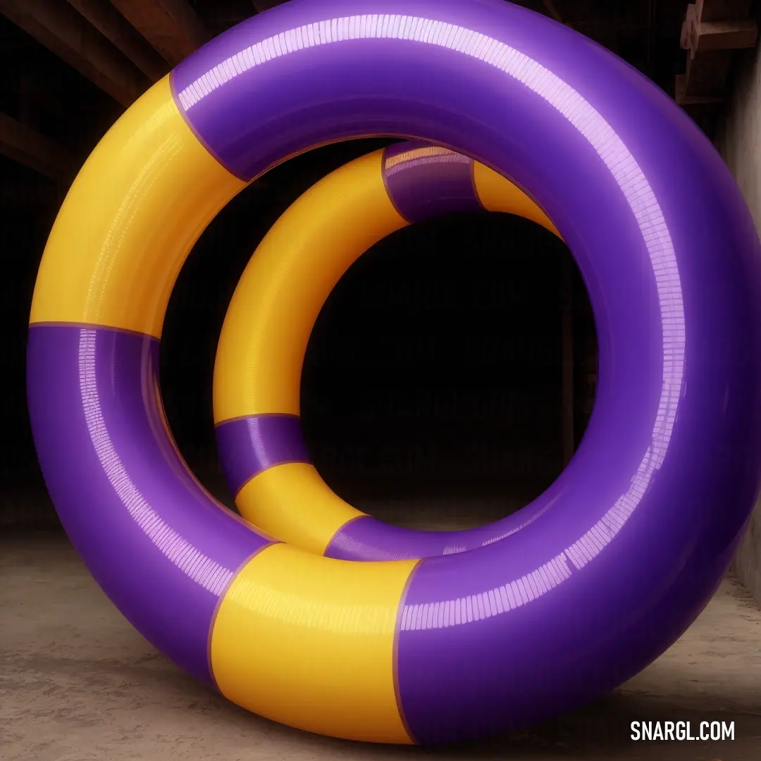 Purple and yellow tube in a garage next to a wall and a building with a door in the background. Color RGB 75,0,130.