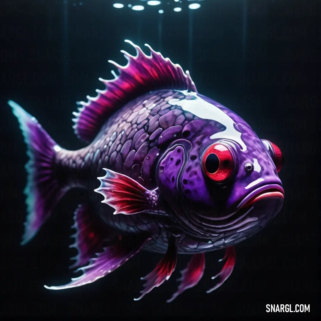 Purple fish with red eyes is swimming in the water with lights on the side of it's head. Color RGB 75,0,130.