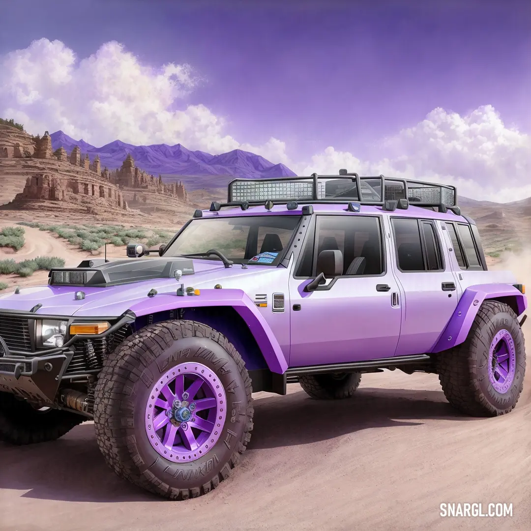 Purple jeep with a purple tire cover on a desert road with mountains in the background and clouds in the sky