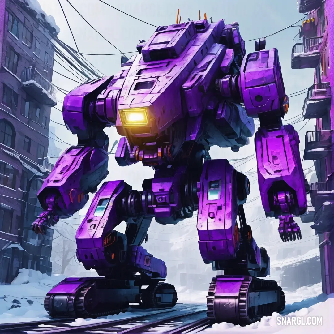 Purple robot is standing on a train track in the snow near a building and wires in the background. Example of #4B0082 color.