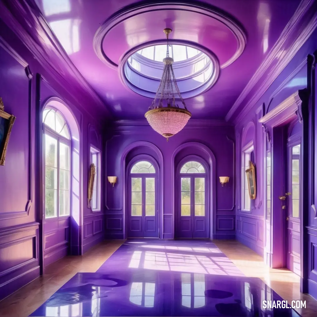 Purple room with a chandelier and a purple floor and walls with windows. Example of RGB 75,0,130 color.