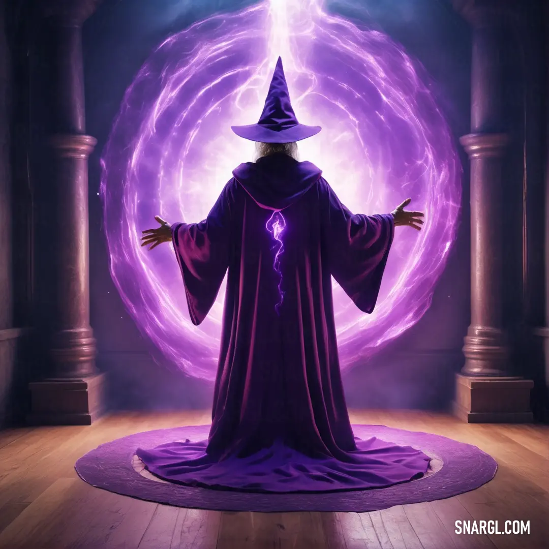 Wizard standing in front of a purple ball with a wizard hat on it's head and arms