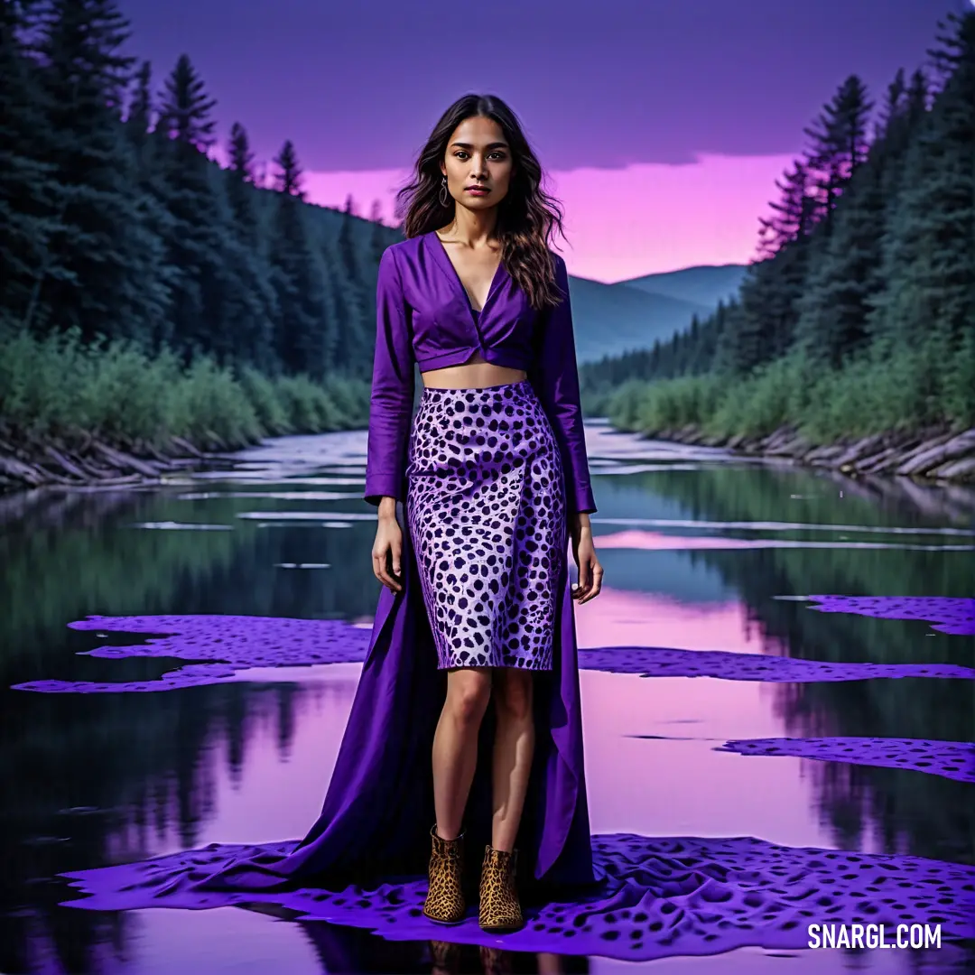 Woman in a purple dress standing in a river with trees in the background. Example of #4B0082 color.