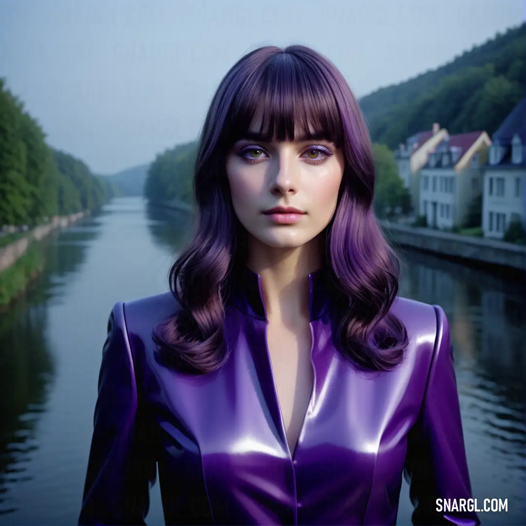 Woman with long hair wearing a purple leather outfit standing in front of a river with houses on the bank. Example of #4B0082 color.