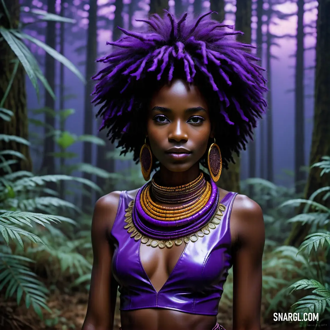 Woman with purple hair and a purple top in a forest with trees and plants in the background. Example of Indigo color.