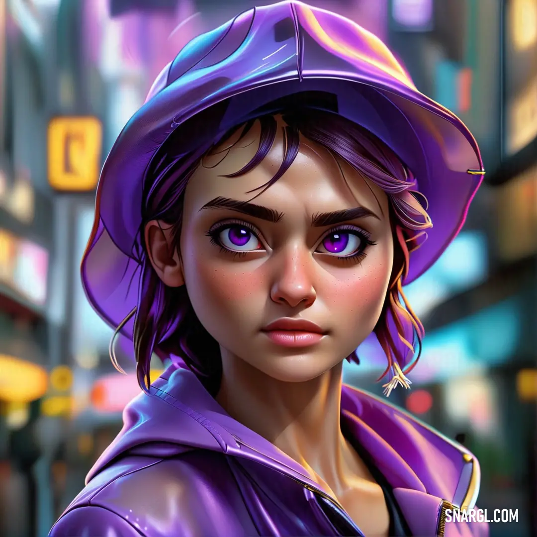 Woman with purple hair and a purple hat on a city street at night with neon lights in the background. Example of #4B0082 color.