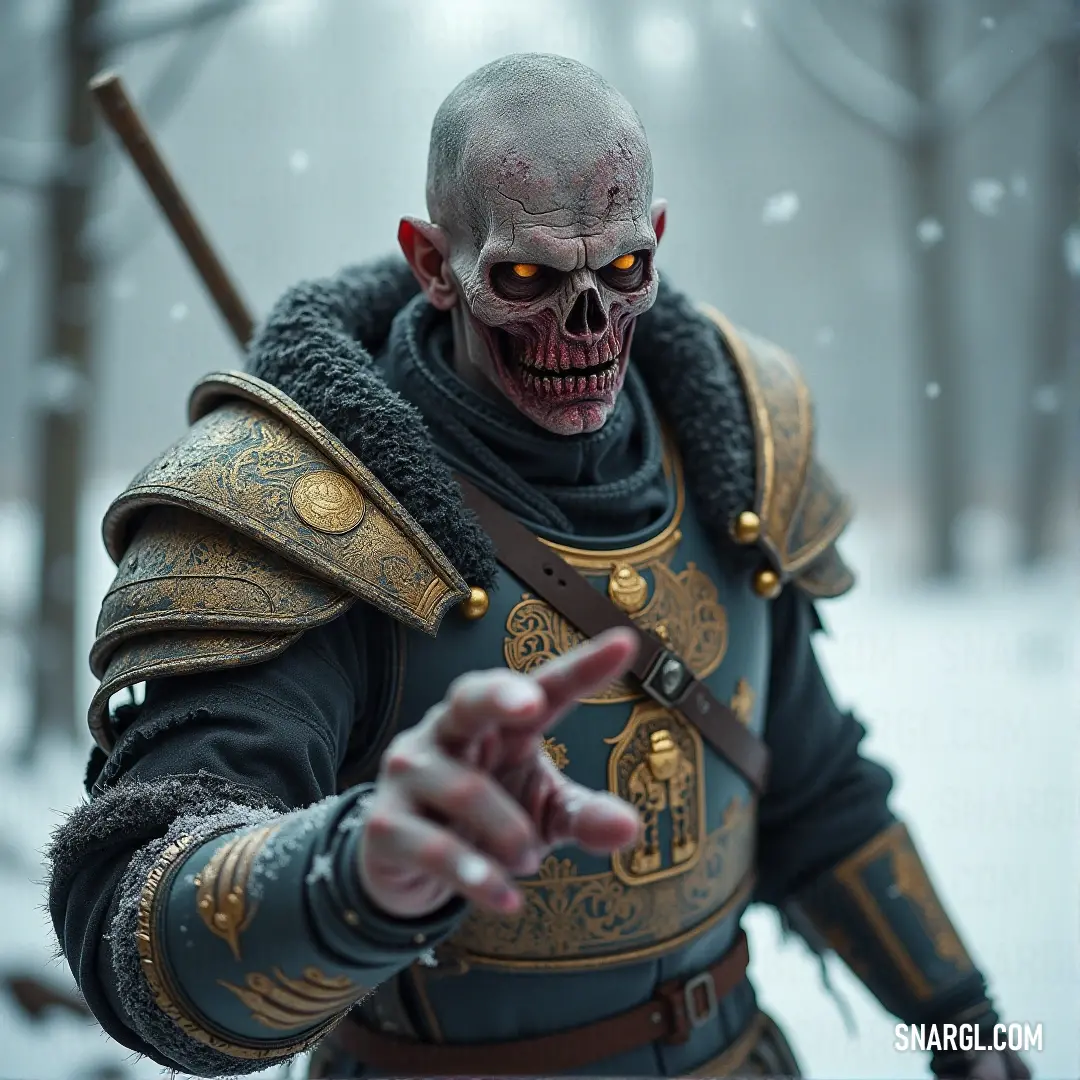 Infected figure in a disturbing costume, wielding a sword and wearing a skull headpiece, emanating a foreboding presence. A chilling, infected figure wearing a grotesque costume stands poised with a sword in one hand, their skull-like head ominously staring into the distance, a vision of the macabre.