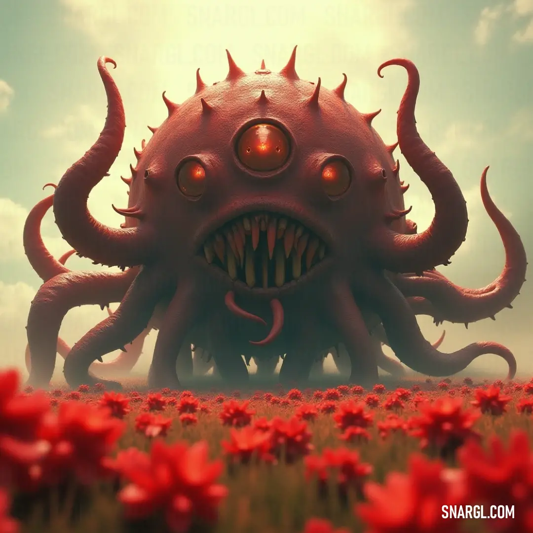 Fierce Beholder Reigning over a Colorful Floral Field A colossal red beholder with a gaping, tooth-filled mouth presides over a vibrant field of flowers, set against a blue sky, combining the eerie with the enchanting in a surreal landscape.