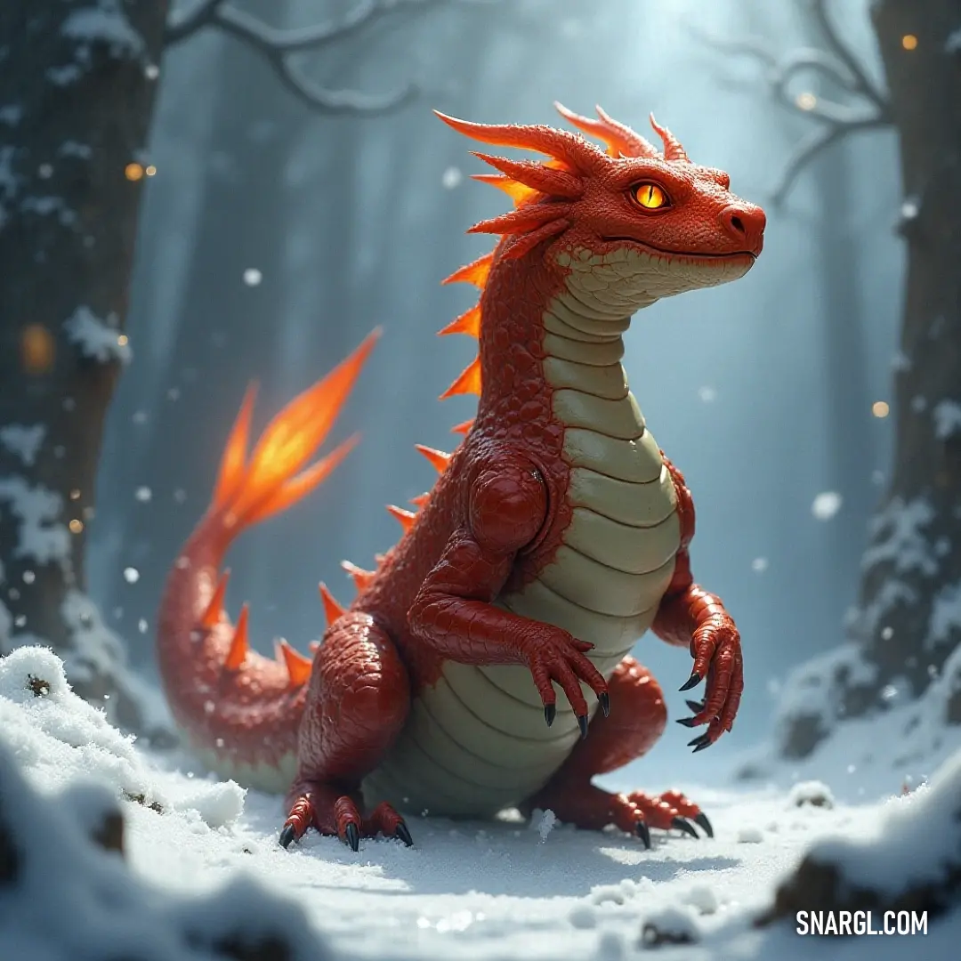A Red Infernal Drake marches through a wintry forest, its fiery appearance standing out against the snow-covered trees and ground. A Red Infernal Drake prowls through a snowy forest, its fiery eyes contrasting with the serene white snow and tall trees. The cold environment is alive with its dangerous presence.