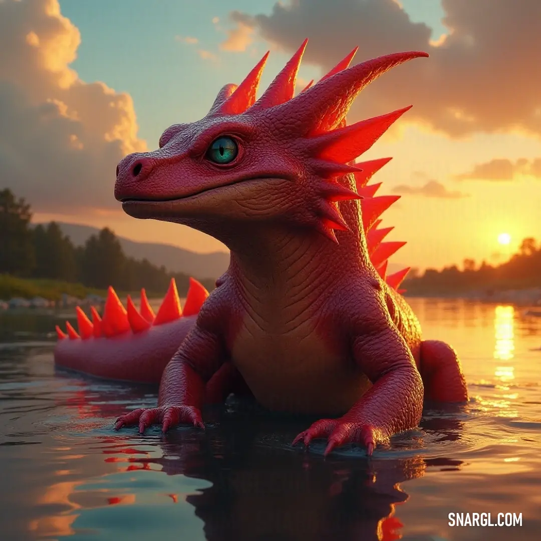 An exquisite Red Infernal Drake statue emerges from the tranquil water, surrounded by the serene colors of sunset that create a stunning reflection, enhancing the work of art in nature.