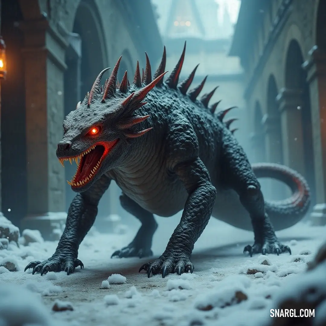 A toy Godzilla, with glowing eyes and sharp teeth, looms in a snowy landscape, illuminated by the soft light of a lantern in the background. A toy Godzilla with glowing eyes and fierce teeth stands in a snowy scene, bathed in the warm glow of a lantern. The beast’s menacing figure contrasts sharply with the peaceful snow.