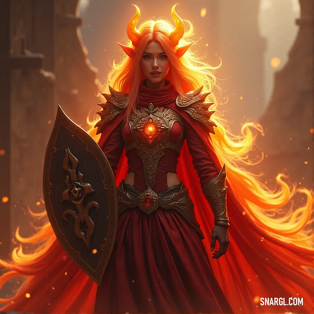 A red-dressed infernal elemental stands strong, shield in hand, with flames burning on her chest and horns adorning her head, embodying fiery strength and defiance. An infernal elemental, adorned in a red dress and cloak, holds a shield while flames flicker on her chest. Horns protrude from her head, completing her fierce, fiery appearance.