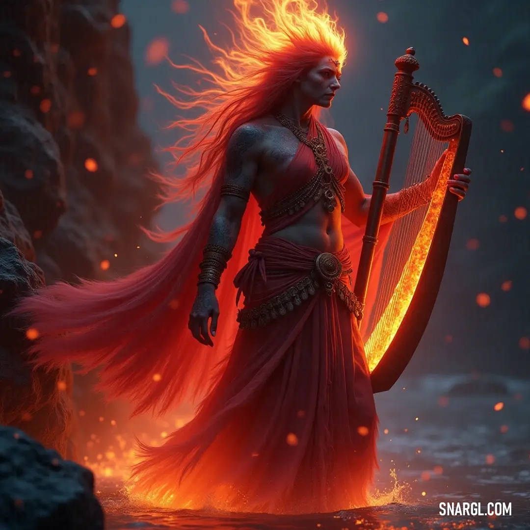 The Infernal Elemental charms with a harp in a mystical forest, where flames and water elegantly intertwine, exuding elemental grace. The Infernal Elemental, draped in flowing red locks, strums a magical harp amidst a dark, enchanted forest, where fire and water swirl around her, capturing the essence of elemental balance in a captivating dance of light and shadow.