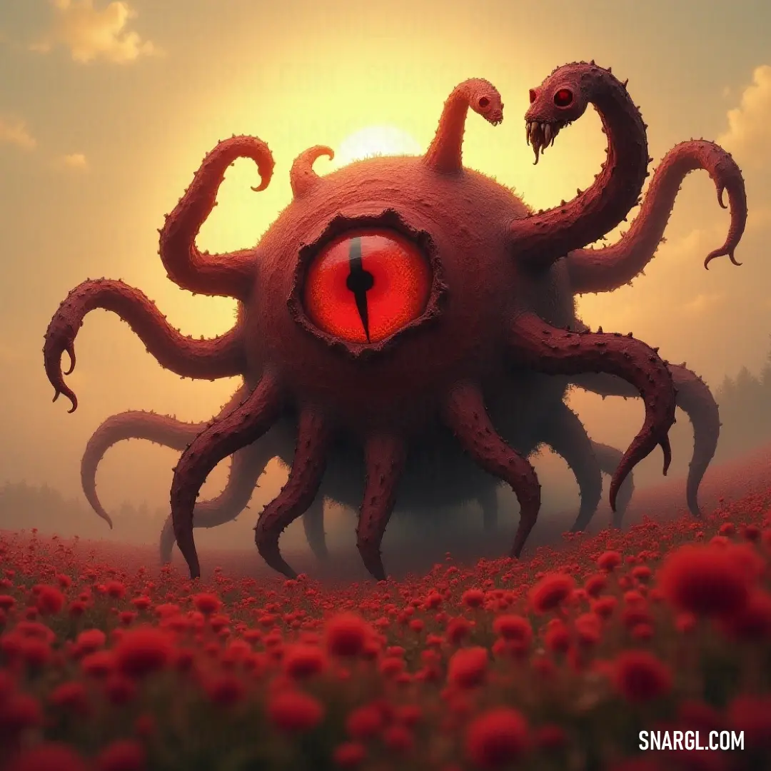 Enigmatic Giant Infernal Eye amidst a vibrant floral landscape under a bright sun. Enigmatic Giant Infernal Eye with vibrant crimson iris towers above a vibrant field of flowers, its bright gaze harmonizing with the radiant sun overhead, contrasting elements of beauty and menace.