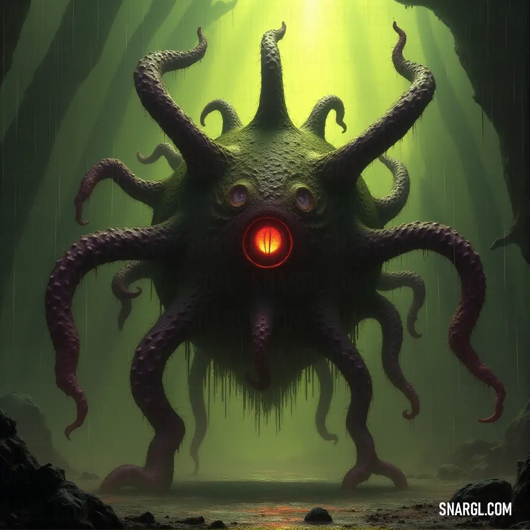 A Giant Infernal Eye shines from the center of a forest, its glowing eye cutting through the night, casting an unsettling glow on the surrounding landscape. A colossal Infernal Eye looms in the heart of a dense forest, its glowing eye piercing through the wilderness. The surrounding trees and scattered rocks provide a surreal contrast to the menacing presence of the eye.