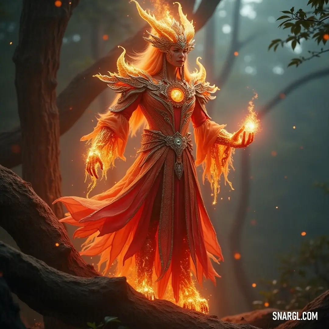 A formidable Infernal Guardian in a striking red gown, wielding an enchanting light, poised amidst an enigmatic setting that hints at ancient magic. A powerful guardian cloaked in a crimson dress, radiating a mystical aura as she cradles a brilliant light in her palm, embodying both grace and strength against a backdrop of ethereal shadows.