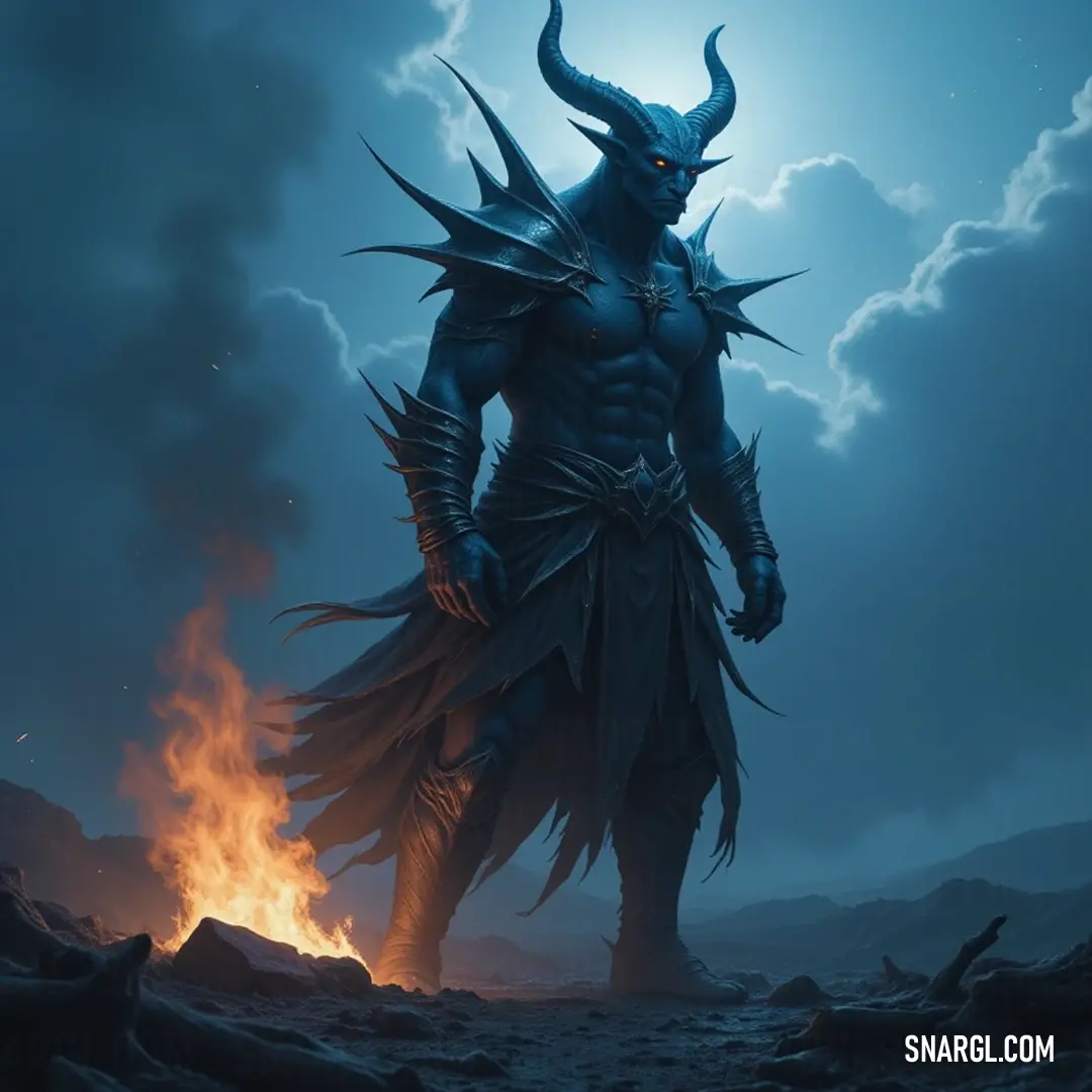 A demonic figure standing before a fire, with imposing horns and a vast body of water behind him. Demonic in appearance, this formidable figure stands boldly before a flickering fire, his large body and prominent horns casting a shadow over the waters behind him. His fierce gaze speaks of untold powers summoned from within.