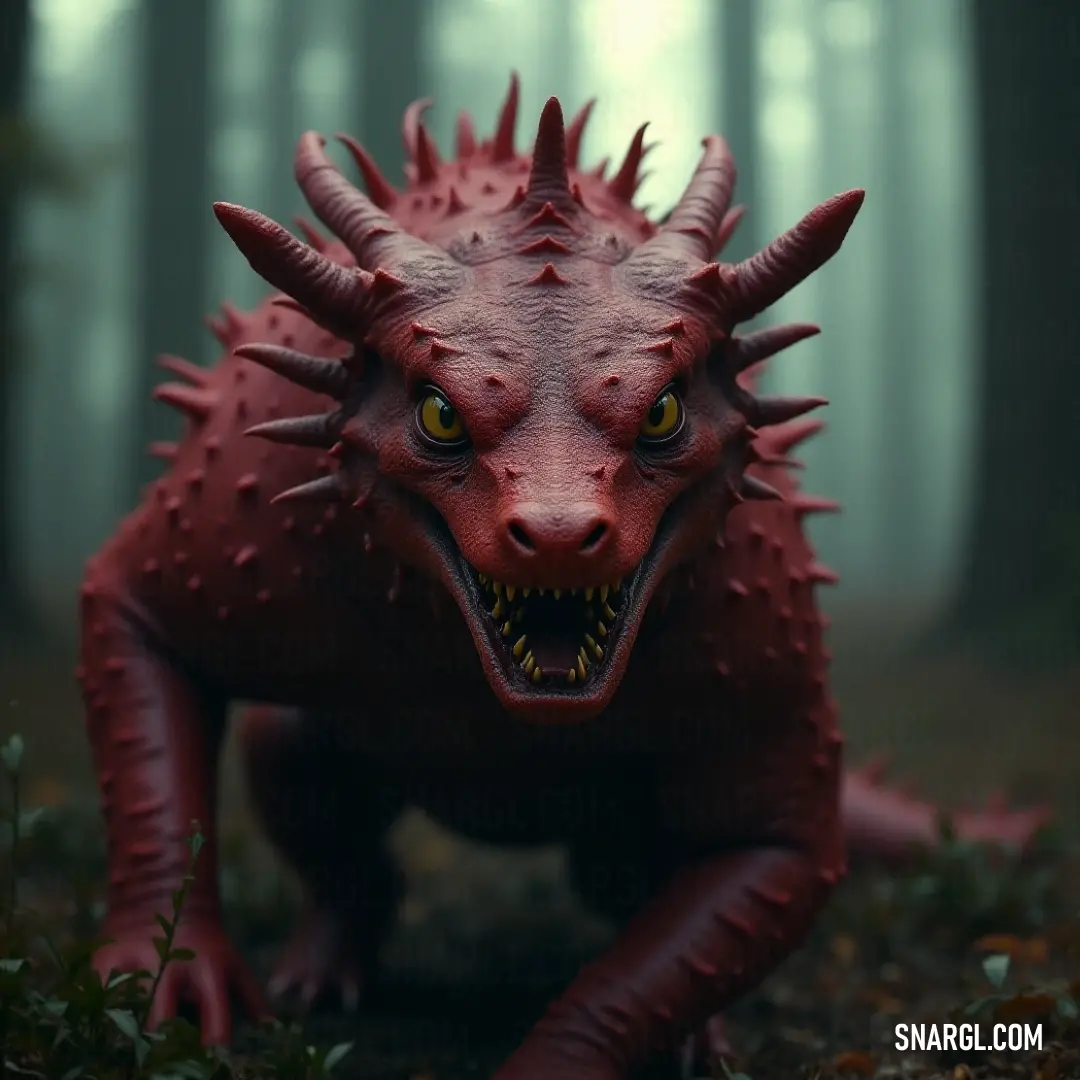 Intricate Red Inferno Beast statue displayed amid a vibrant forest, mouth agape in an artistic expression of strength. A captivating Red Inferno Beast statue holds court in a lush forest, its mouth wide open and showcasing fierce detail that brings the sculpture to life.