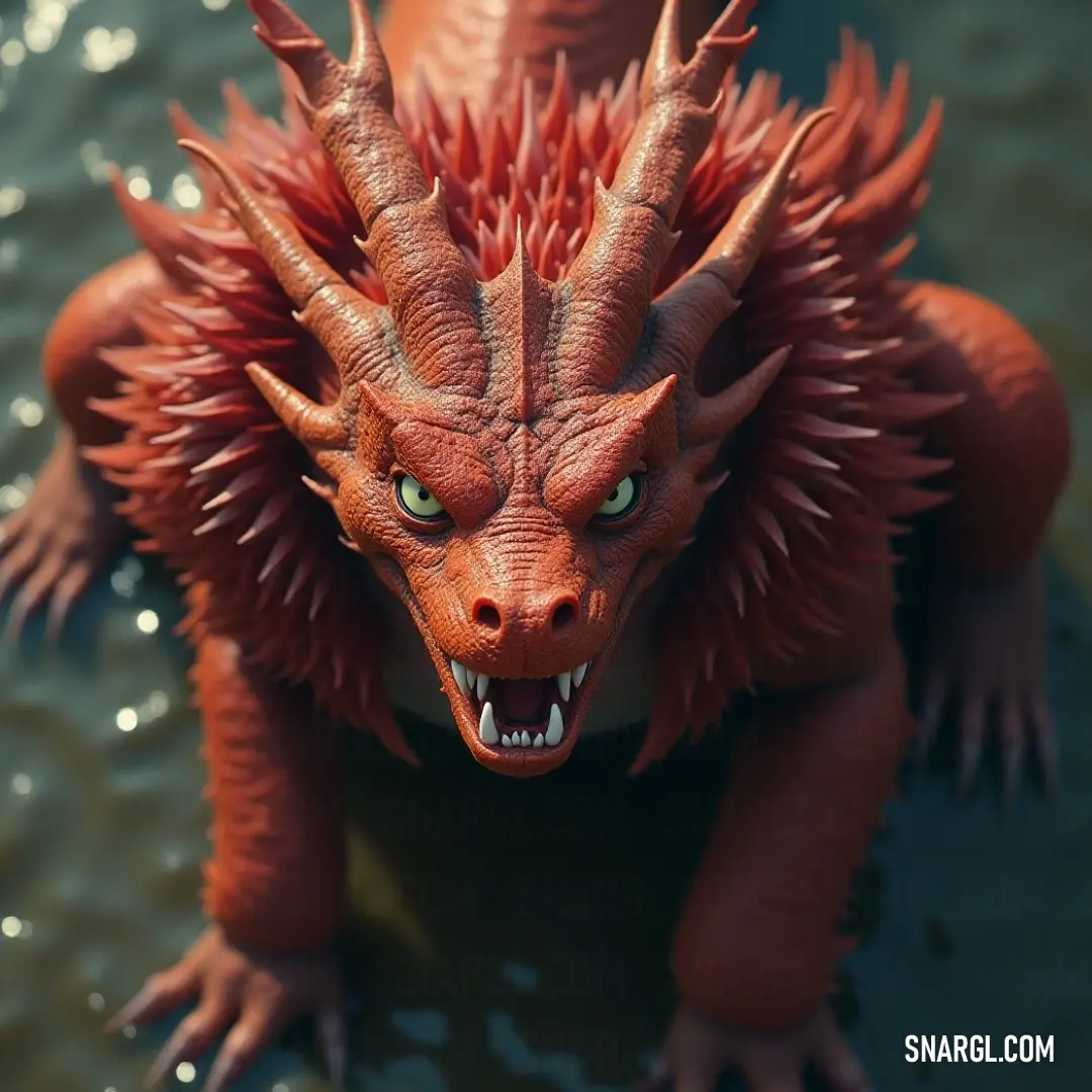 The larger-than-life Red Inferno Beast statue commands attention as it emerges from the water, its fierce expression and intricate details portraying a legendary creature of folklore. A vividly crafted Red Inferno Beast statue stands strikingly in shallow waters, its mouth open wide and eyes glaring intensely, drawing the gaze of all who encounter its daunting presence.