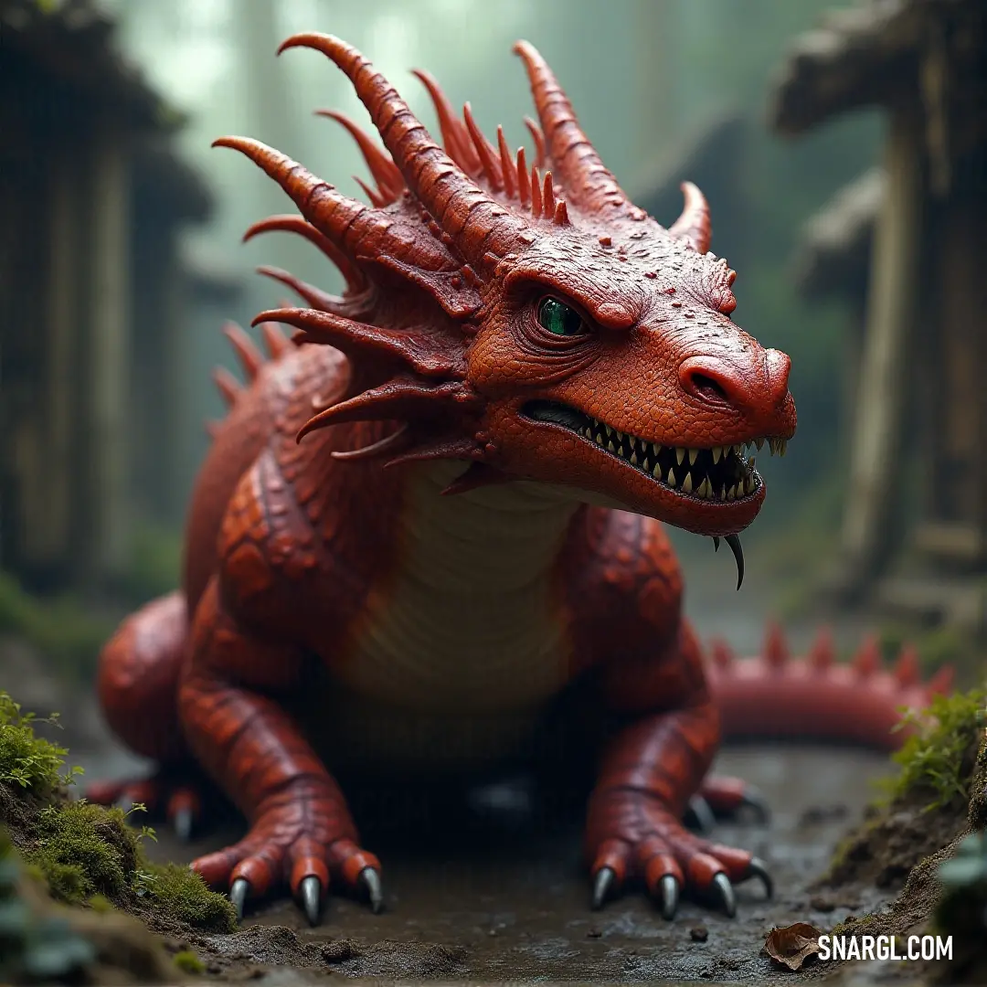 Red Inferno Drake statue on wet ground in a forest, with moss and towering trees creating a mystical, intense environment. A Red Inferno Drake statue stands on a wet forest floor, surrounded by moss-covered ground and towering trees. The soft, misty atmosphere contrasts with the fierce fiery presence of the creature.