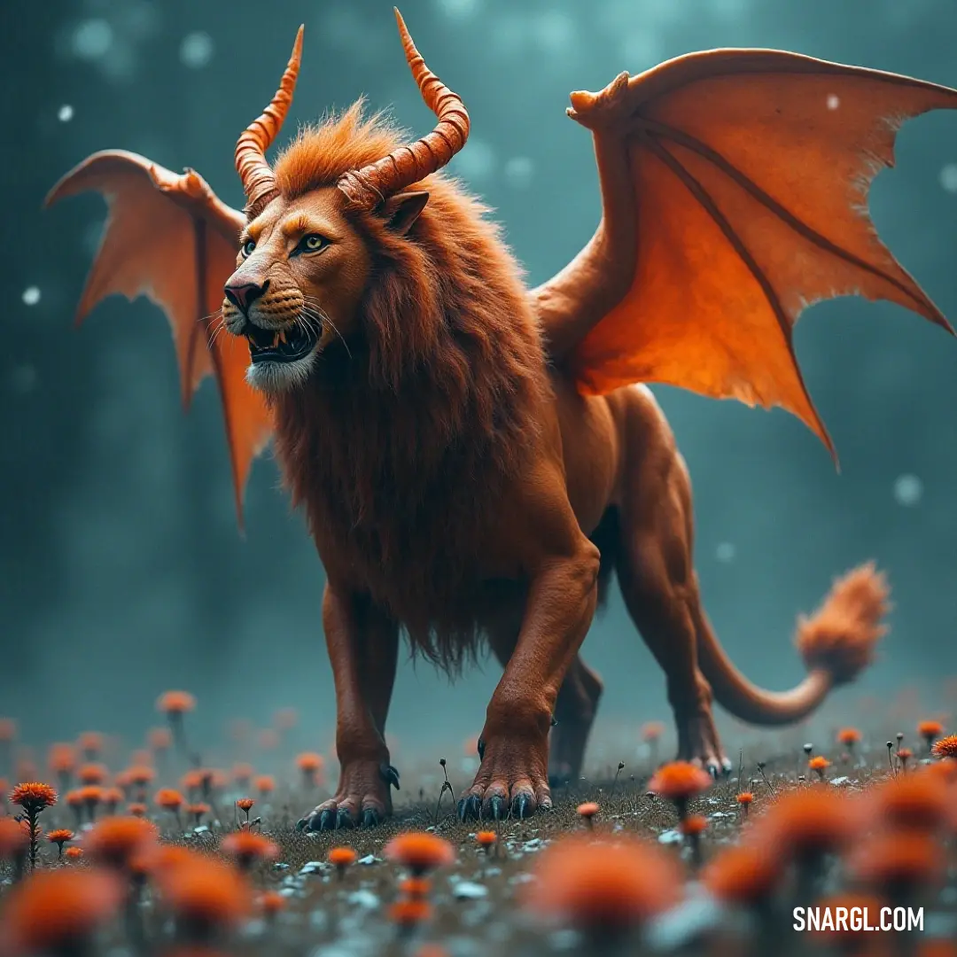 A red Inferno Manticore, horns raised, stands in a lush mushroom field dotted with orange flowers. Its fiery appearance contrasts with the soft hues of the flora. A red Inferno Manticore with horns stands among a vibrant field of mushrooms, their orange flowers adding a touch of color to the landscape. The creature’s intense gaze and powerful stance are a striking contrast to the colorful surroundings.
