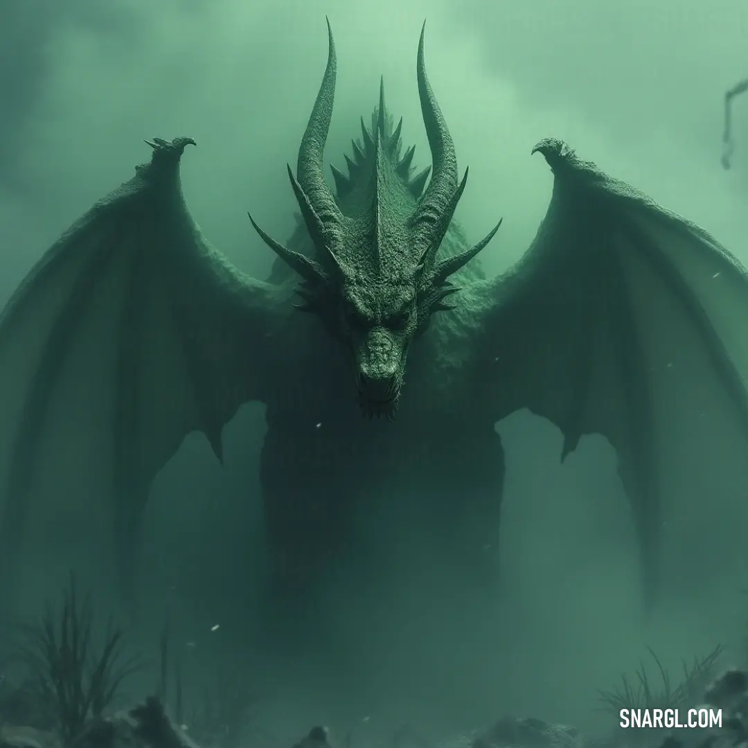 A powerful infernal being with outstretched wings stands in misty waters, its form a silhouette of strength and tranquility amidst the fog. An infernal creature with large, powerful wings stands in foggy waters, its wings spread wide and eyes closed in deep contemplation. The mist around it adds to the mystic aura of the scene.