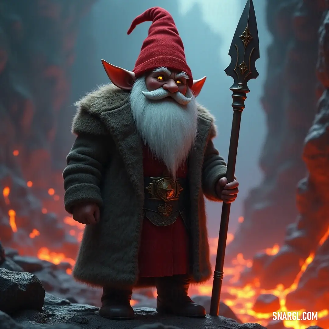Deep within a mystical cave, a fierce figure with a long beard and red hat grips a staff amidst swirling lava and jagged rocks. The intense glow of the lava casts a dramatic light, framing his determined expression and signaling the untamed power of the e