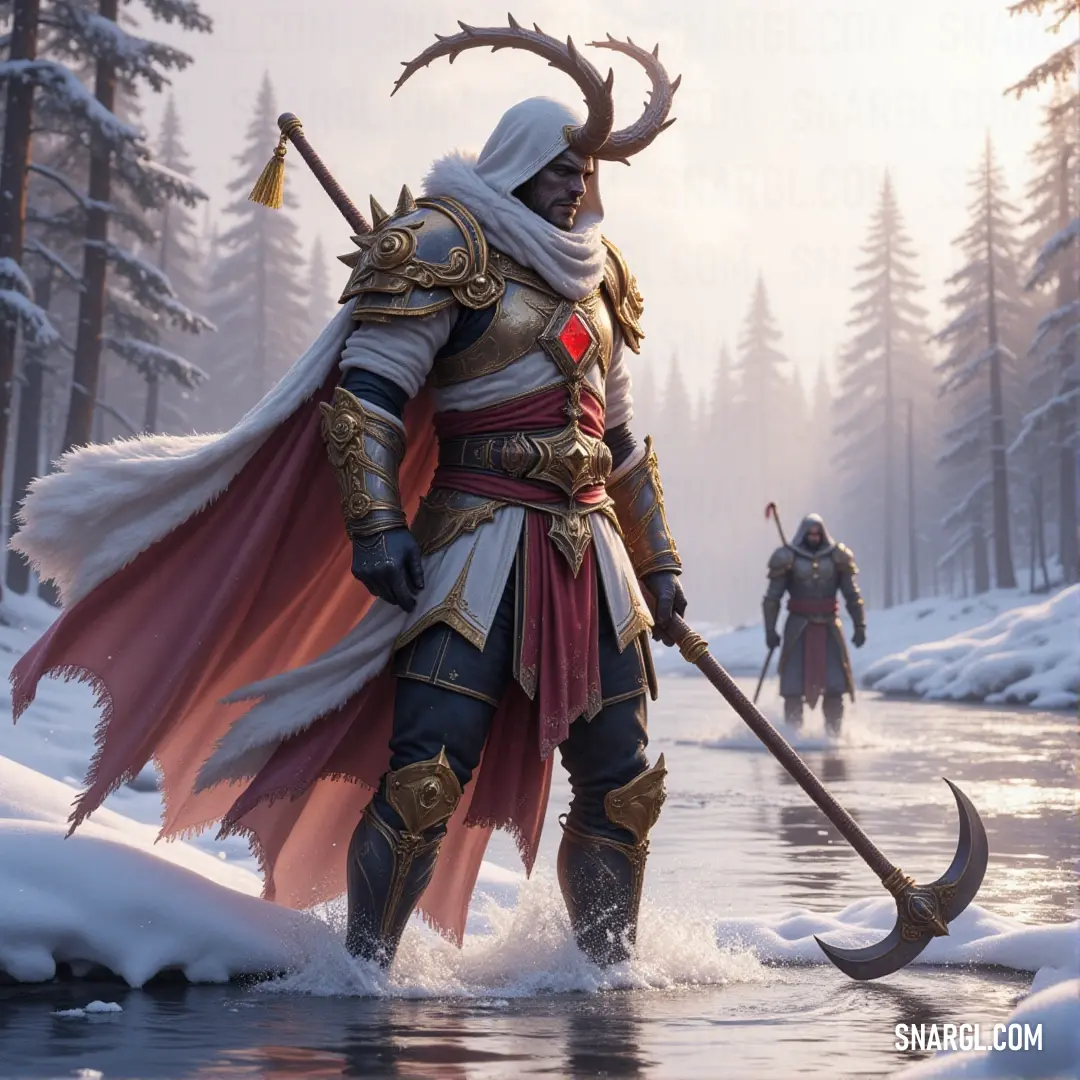 A solitary inquisitor stands in the deep snow, holding a staff decorated with intricate symbols. A deer’s antlered skull rests on his shoulder, adding an eerie touch to the stark, frozen landscape around him.