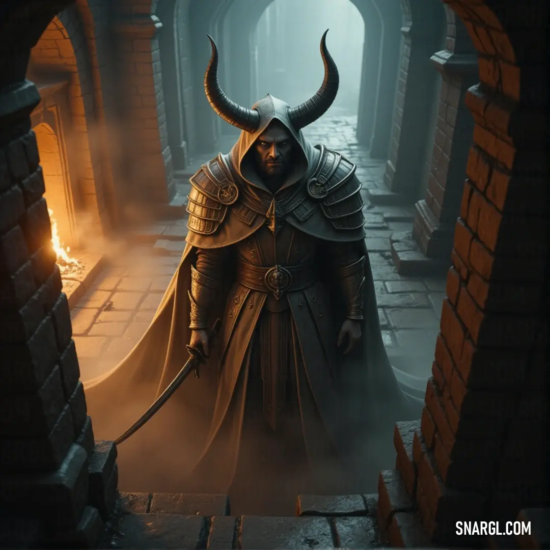 A horned inquisitor stands in a dark, shadowy tunnel, gripping a sword with fierce determination. A small demon perched on his shoulder seems to whisper secrets, adding an ominous touch to the scene.