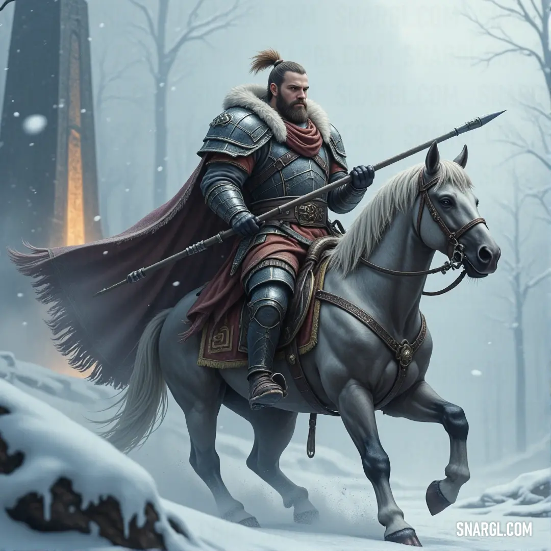 A knight in full armor rides through a snowy landscape, sword drawn and ready for battle. A knight in shining armor rides a horse through a snow-covered landscape. His sword is drawn, glinting in the cold air as he charges through the snow, determined and unyielding in his quest.