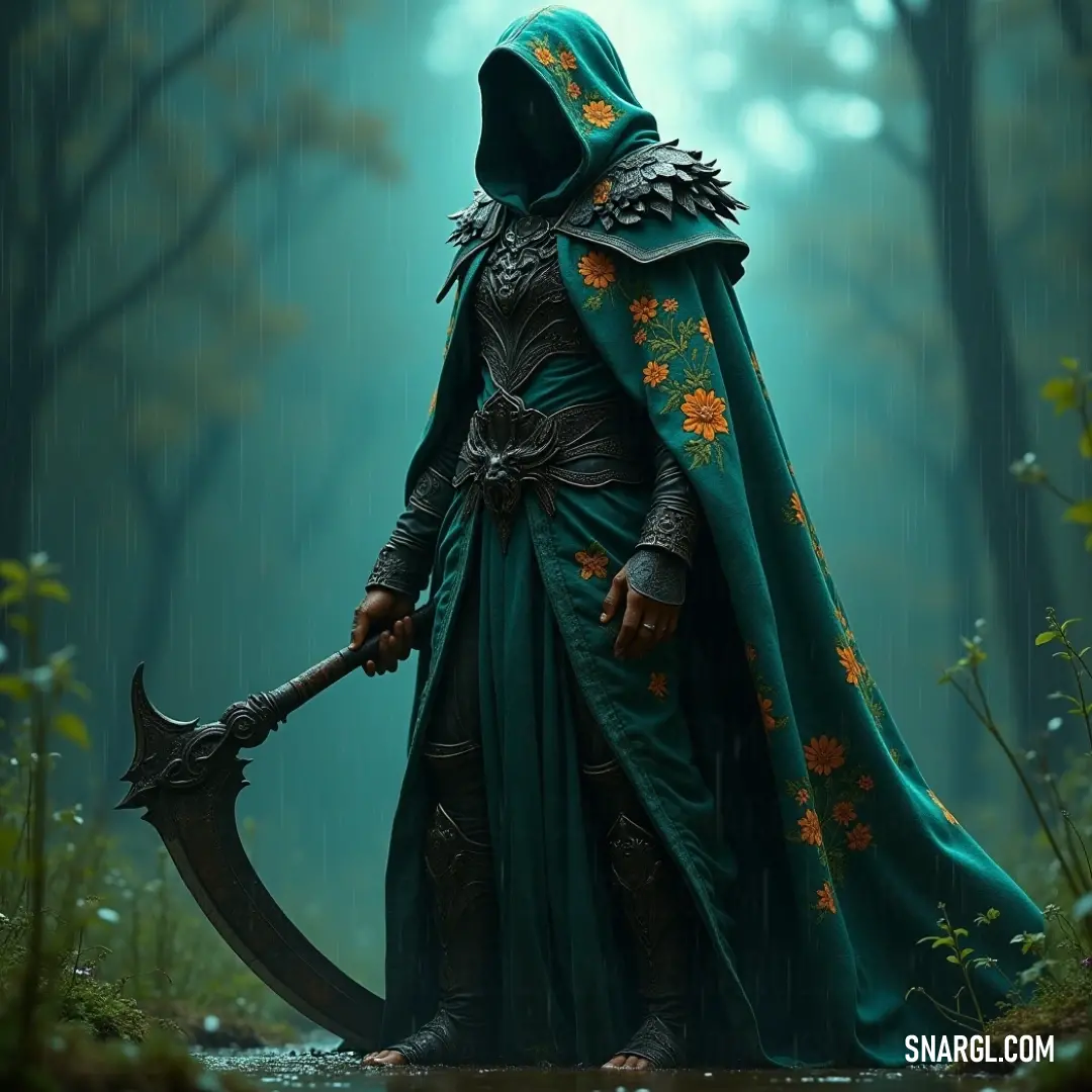 Inquisitor Arion, in a green cloak, holds a large axe while standing in the heart of a dense forest, surrounded by towering trees and thick foliage. Inquisitor Arion, cloaked in green, stands with a large axe in hand, surrounded by dense forest. The towering trees and thick undergrowth create an atmosphere of mystery and authority, as he surveys the woodland ahead.