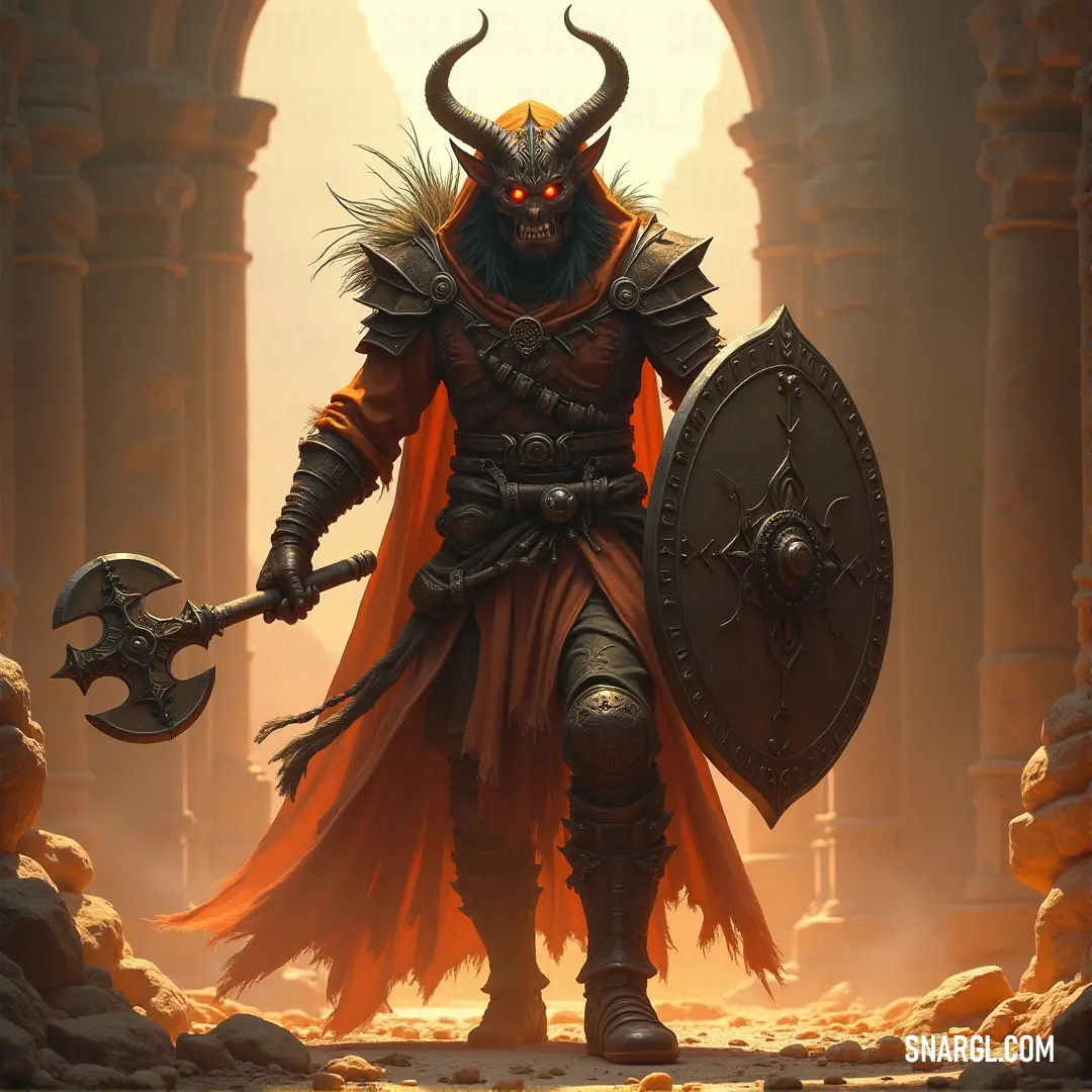 Inquisitor Arion in horned armor, holding a large axe and shield, stands before a cave doorway, prepared for whatever challenges lie ahead. Inquisitor Arion, adorned in a horned costume, stands in a shadowy cave-like setting, holding a large axe and shield. A doorway looms behind him, adding an ominous touch to the scene, hinting at untold dangers awaiting beyond the threshold.