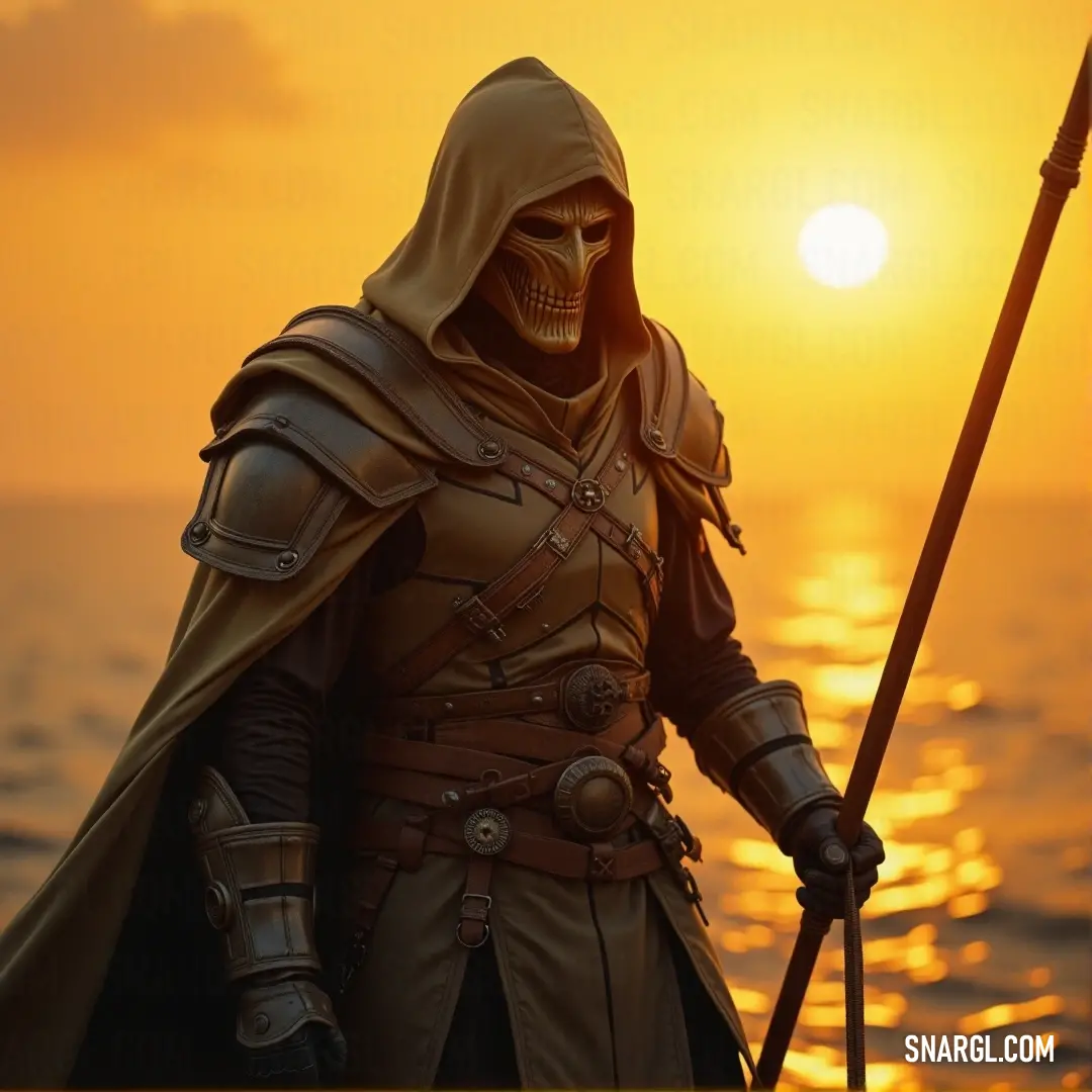 Inquisitor Arion, holding a staff, stands against a breathtaking sunset by the ocean, with a boat floating in the distance. Inquisitor Arion, dressed in a dark, intricate costume, stands before a breathtaking sunset over the ocean, holding a staff. A lone boat drifts in the distance, and the powerful colors of the setting sun reflect the strength and resolve of this formidable