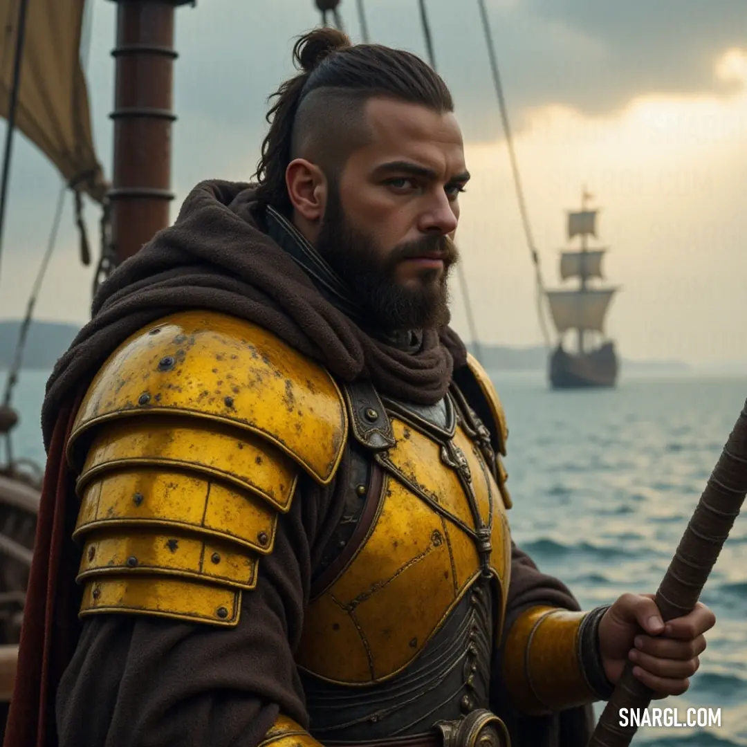 Inquisitor Arren, clad in a vibrant yellow outfit, navigates the ocean on a boat, wielding a stick with resolve amid the crash of waves, ready for a journey filled with discoveries. Inquisitor Arren, dressed in a bright yellow outfit, stands aboard a boat navigating the vast ocean. He holds a sturdy stick with determination, as waves crash around him, showcasing his spirit of adventure and readiness for whatever lies ahead.