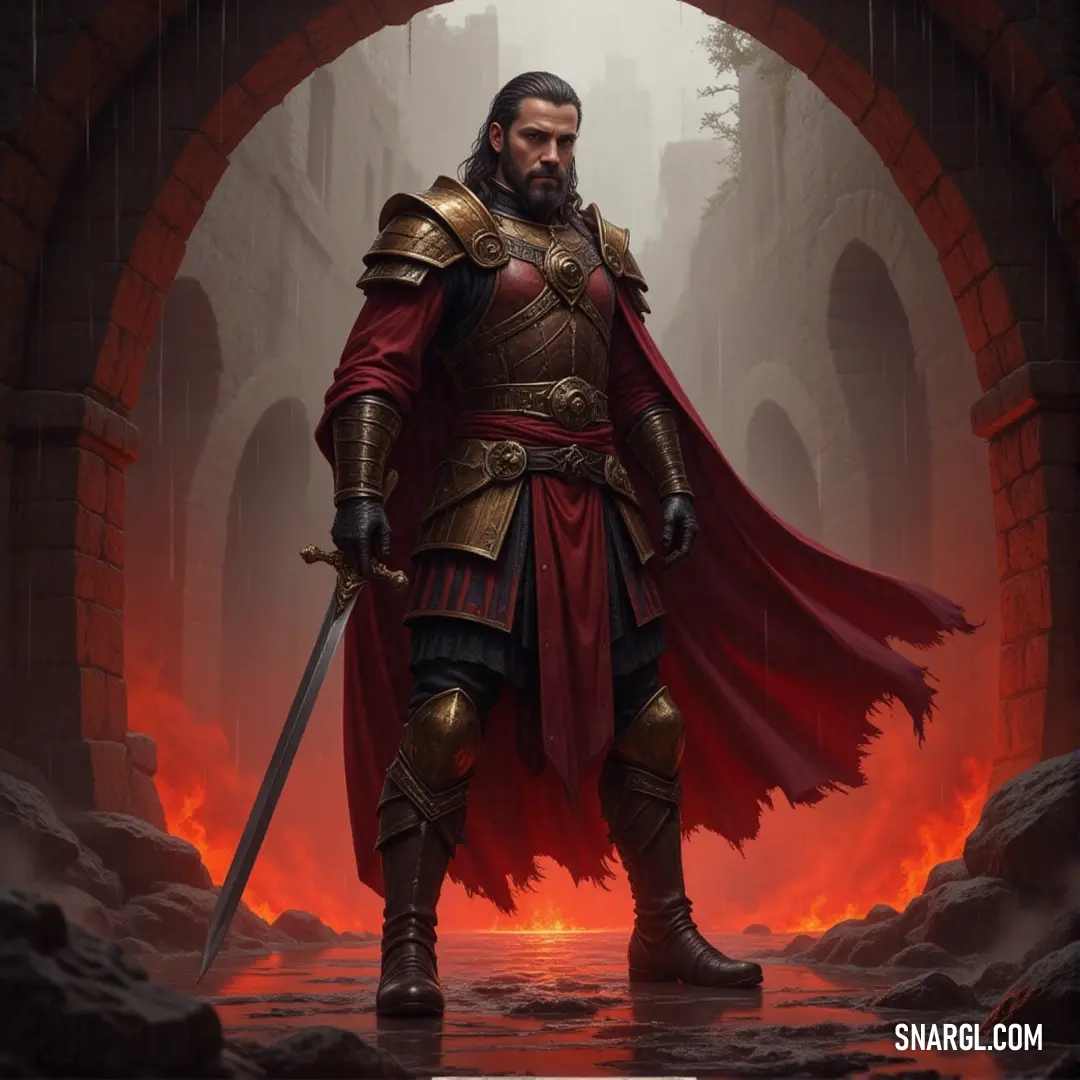 Inquisitor Balthazar in a red and gold outfit, brandishing a sword while standing in a shadowy tunnel, poised to face whatever comes from the dark. Inquisitor Balthazar, clad in a regal red and gold outfit, holds a gleaming sword with a steady hand. He stands deep within an eerie tunnel, the shadows around him hinting at unseen dangers lurking in the darkness.