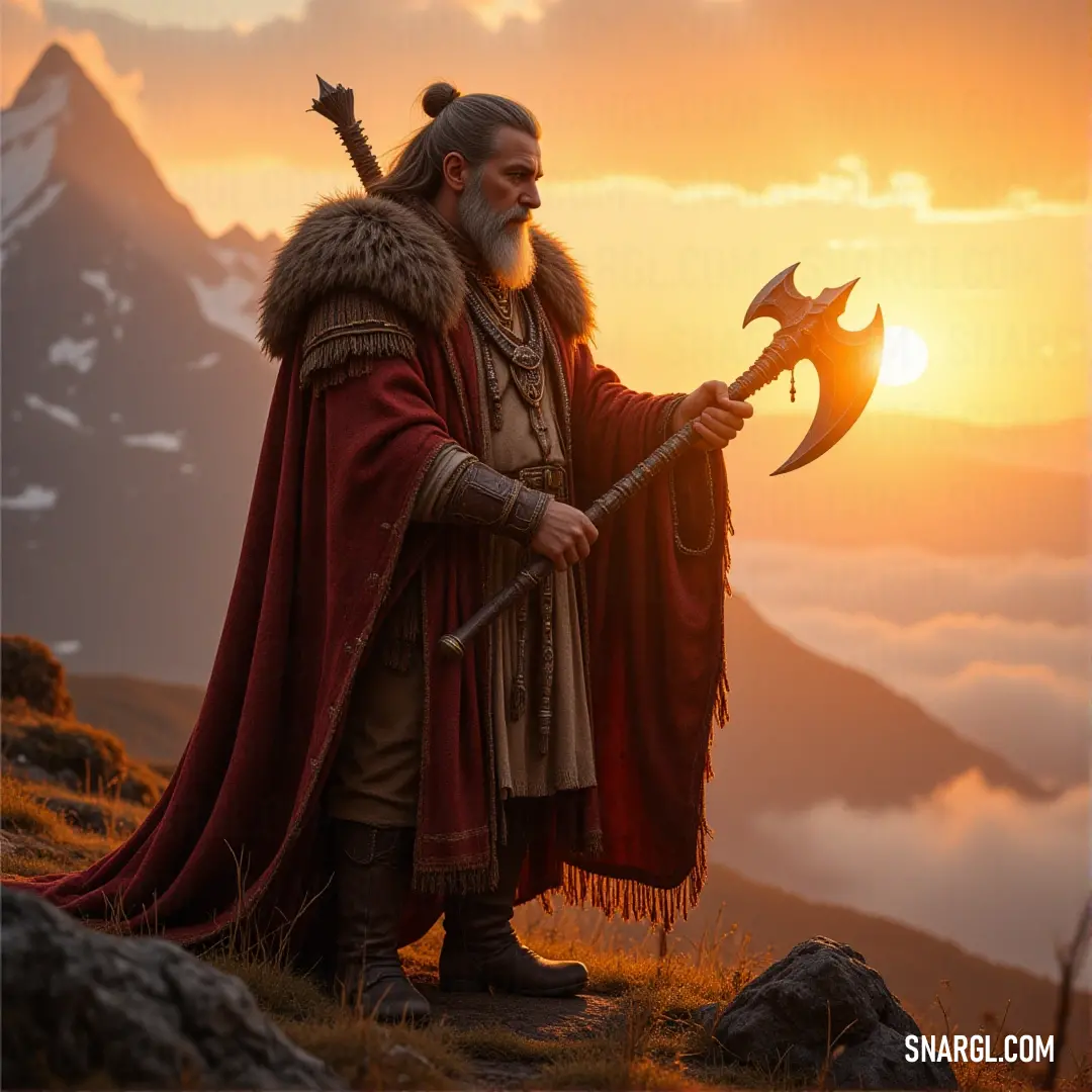 Inquisitor Balthazar in a red cape, gripping two massive axes while standing on a mountain peak, prepared for any challenge that may come his way. Inquisitor Balthazar, dressed in a striking red cape, stands boldly on a rugged mountain peak. He grips a massive axe in each hand, ready for battle, his gaze fixed on the horizon, exuding power and authority.