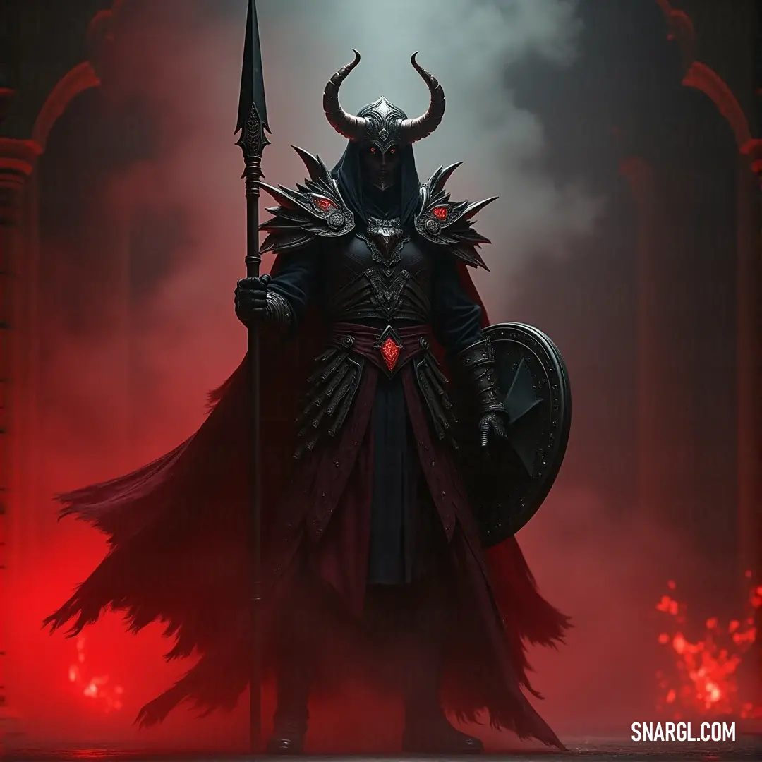 Inquisitor Brevin, dressed in a horned costume, grips a sword and spear with a demon-like headpiece, casting an ominous figure in a realm of shadows. Inquisitor Brevin dons a horned costume, exuding a fearsome presence. Armed with a sword and spear, his face is partially obscured by a demon-like headpiece, creating an imposing silhouette against the darkening skies.