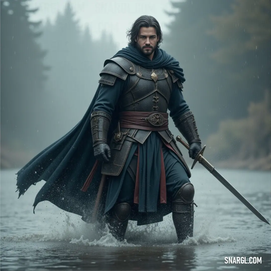 Inquisitor Brevin, clad in shining armor, wades through a shallow stream, his sword raised in a defiant stance. Tall trees frame the scene, reflecting the tranquility of the moment while hinting at the potential for conflict.