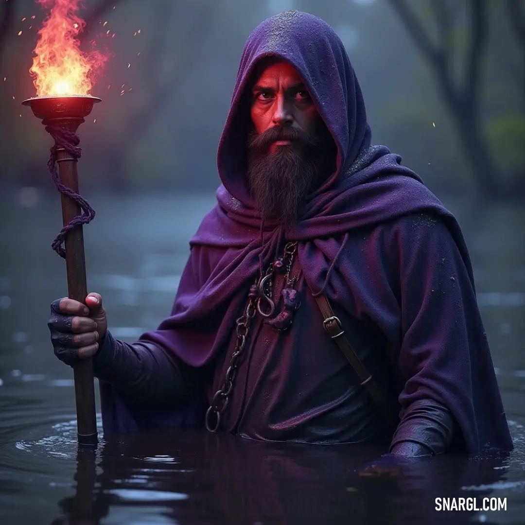 Amidst tranquil waters, a hooded figure holds a glowing torch, illuminating his path as reflections dance around him, representing the eternal conflict between hope and despair. A mysterious figure in a hooded attire stands knee-deep in serene water, holding a flickering torch, with both light and darkness reflecting the duality of his essence, inviting contemplation on fate and destiny.