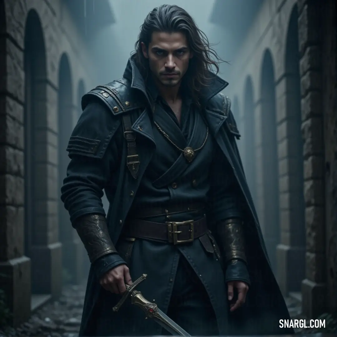 A stern inquisitor clad in a black coat stands tall in a dark, narrow alleyway. He grips a sword with a steady hand, casting a focused gaze toward the stone walls and looming archways around him, exuding an air of power and mystery in the dim light.
