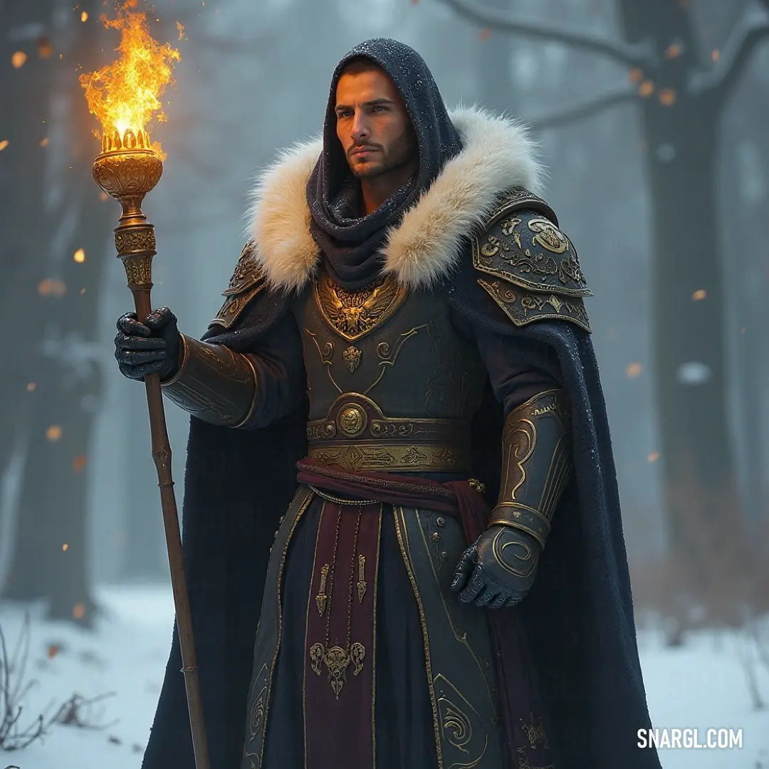 Inquisitor Corwin holds a torch aloft in a snowy forest, surrounded by majestic trees, merging with nature's beauty as she embarks on a quest filled with discovery and adventure. Inquisitor Corwin stands stoically amidst a serene snowy forest, the flickering torch in her grasp illuminating the ancient trees around her, as she envelops herself in the enchantment of the winter night, a guardian of secrets untold.