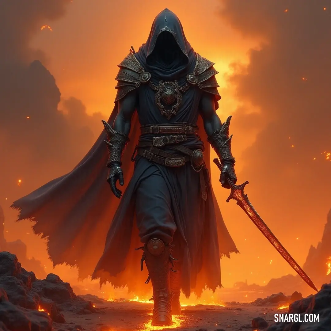 Inquisitor Darius, shrouded in a hooded outfit, stands with a resplendent sword against a breathtaking sunset, surrounded by clouds and rocks, symbolizing his steadfast bravery. With the vibrant hues of the sunset in the background, Inquisitor Darius stands in a hooded outfit, holding a radiant sword. The clouds and rocky terrain around him reflect the enchantment of a magical realm, echoing his unwavering resolve in the face of