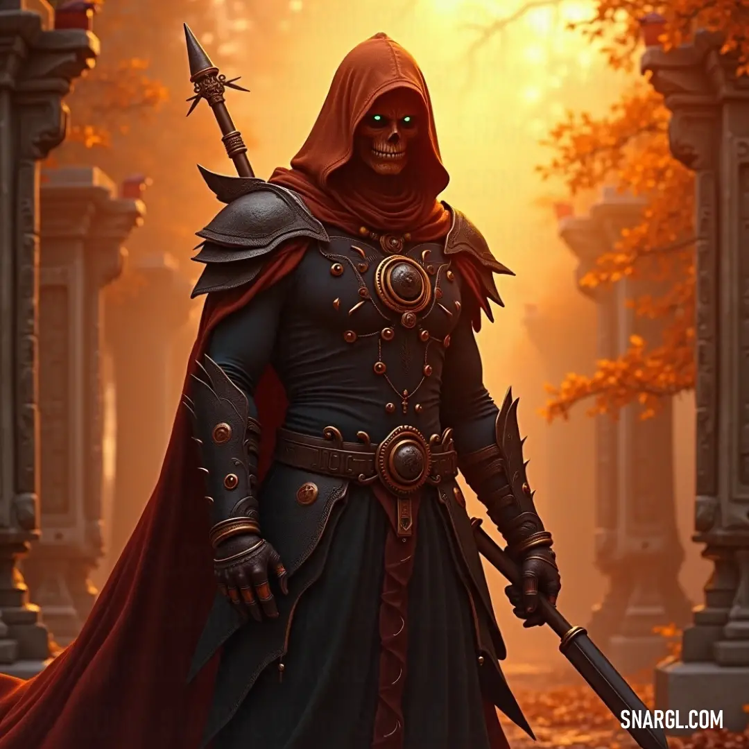 In the heart of a lush forest, Inquisitor Eldred clutches her sword, her attire a striking contrast to the vibrant foliage, signifying her connection to both nature and the spirit of combat. Inquisitor Eldred, robed in red, stands poised with her sword in a magical forest, the vibrant leaves swirling around her as she embodies the harmony of nature and martial prowess.