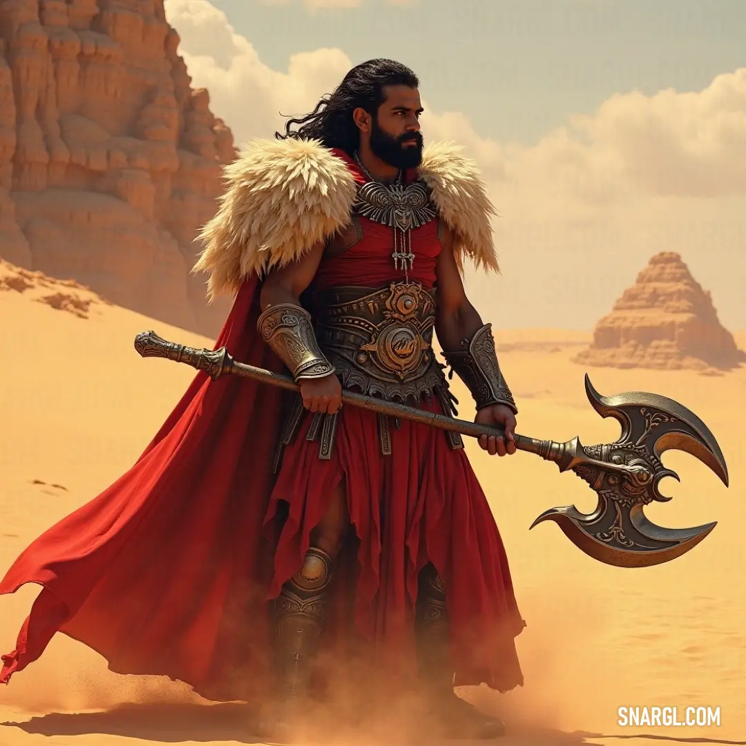 Amidst the vast desert, Inquisitor Eldred stands defiantly, her red attire vibrant against the golden sands, ready to protect her realm with the strength of her axe and spirit. Inquisitor Eldred, adorned in a striking red dress, wields a massive metal axe with pride in the desert, the sun setting behind her and casting shadows over the rugged landscape.