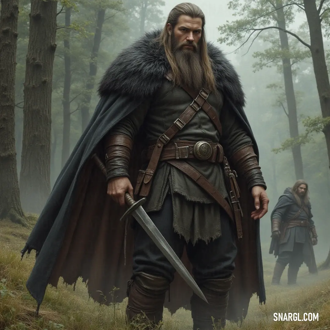 An inquisitor, dressed in a fur coat and sword at his side, surveys the forest, with two figures lurking in the shadows behind him. In the heart of a dark forest, a figure dressed in a heavy fur coat and armed with a sword stands resolutely, flanked by two men in the shadows, the air thick with mystery and the rustling of the trees.